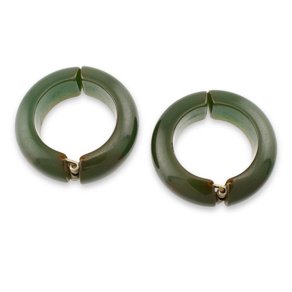 Vintage Bakelite Clip On Hoop Earrings Dark Green Chunky Hoops